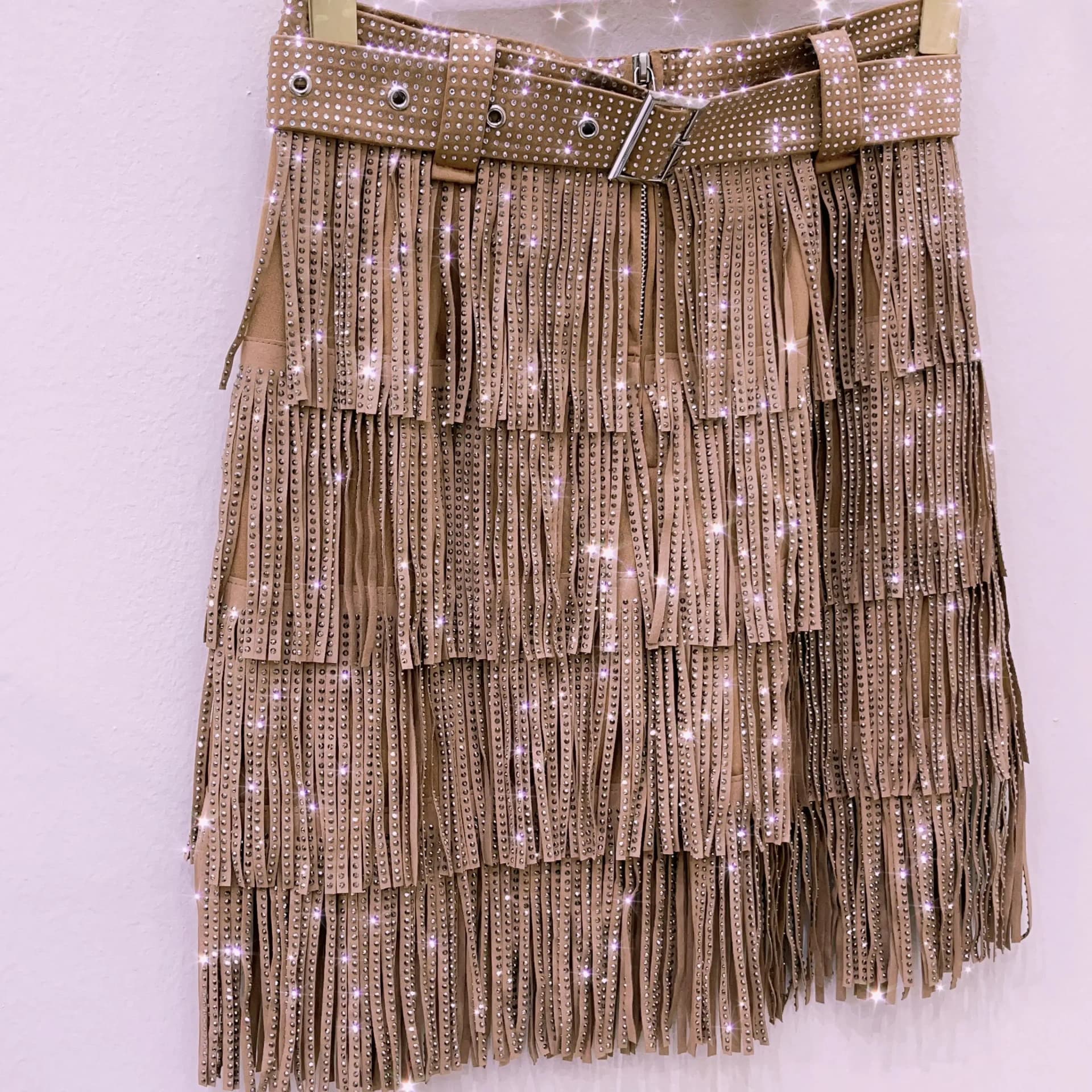 Women's High Waist A-Line Rhinestone Fringe Skirt