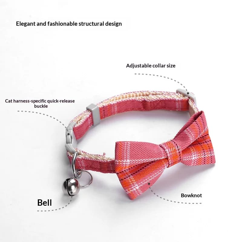 Adjustable Pet Collar with Bell and Plaid Bowtie