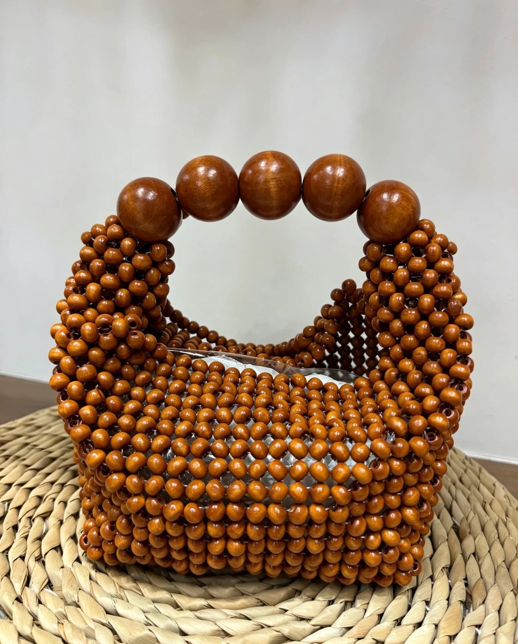Handmade Beaded Handbag For Women Wooden Bead Bucket Bag Evening Bag Shoulder Bag Beaded Shoulder Bag Female Beach Bag