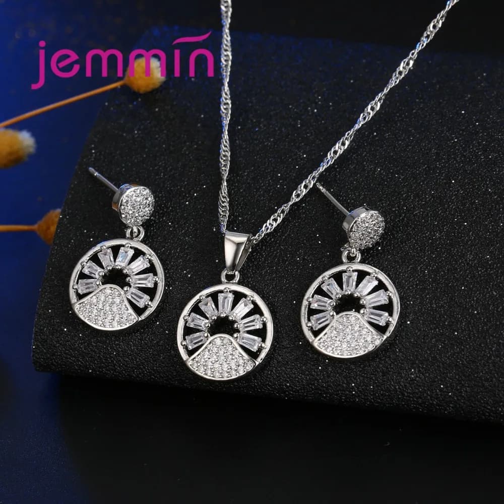 New Genuine 925 Sterling Silver Jewelry Set Fashion Wedding Jewelry Exquisit Round Design Earrings+Necklace Jewelry Sets