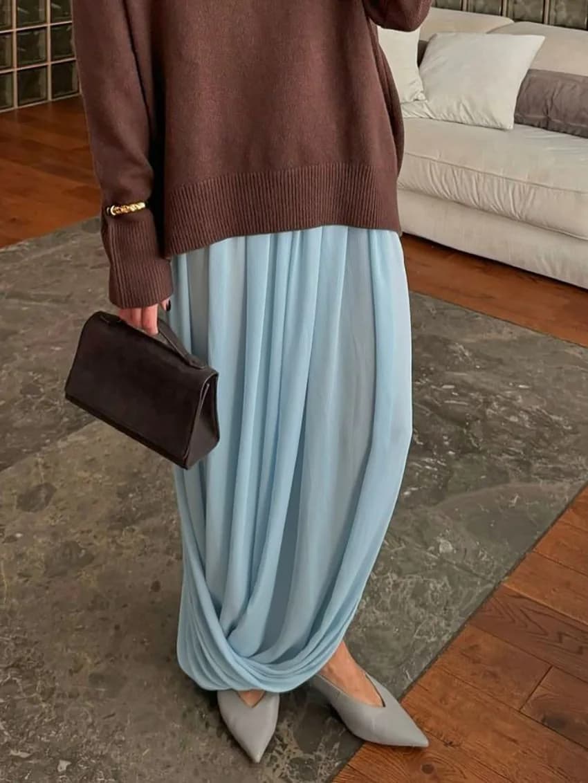 Pleated Mesh High Waist Maxi Skirt