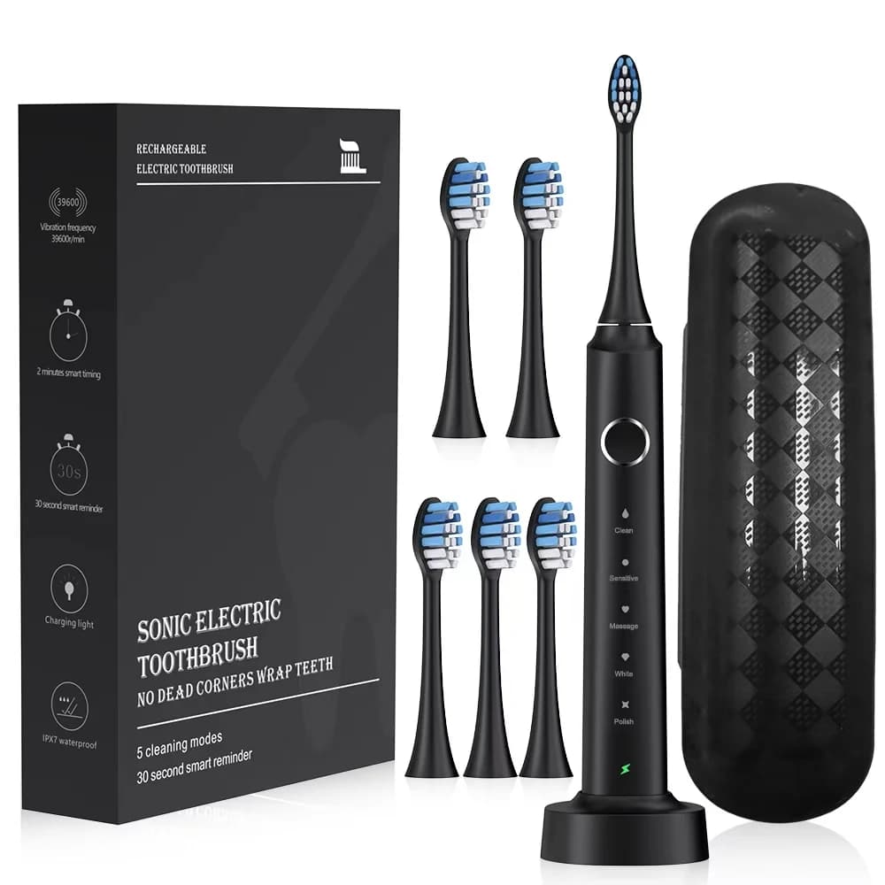 Electric Toothbrush With Six Brush Heads and Dock