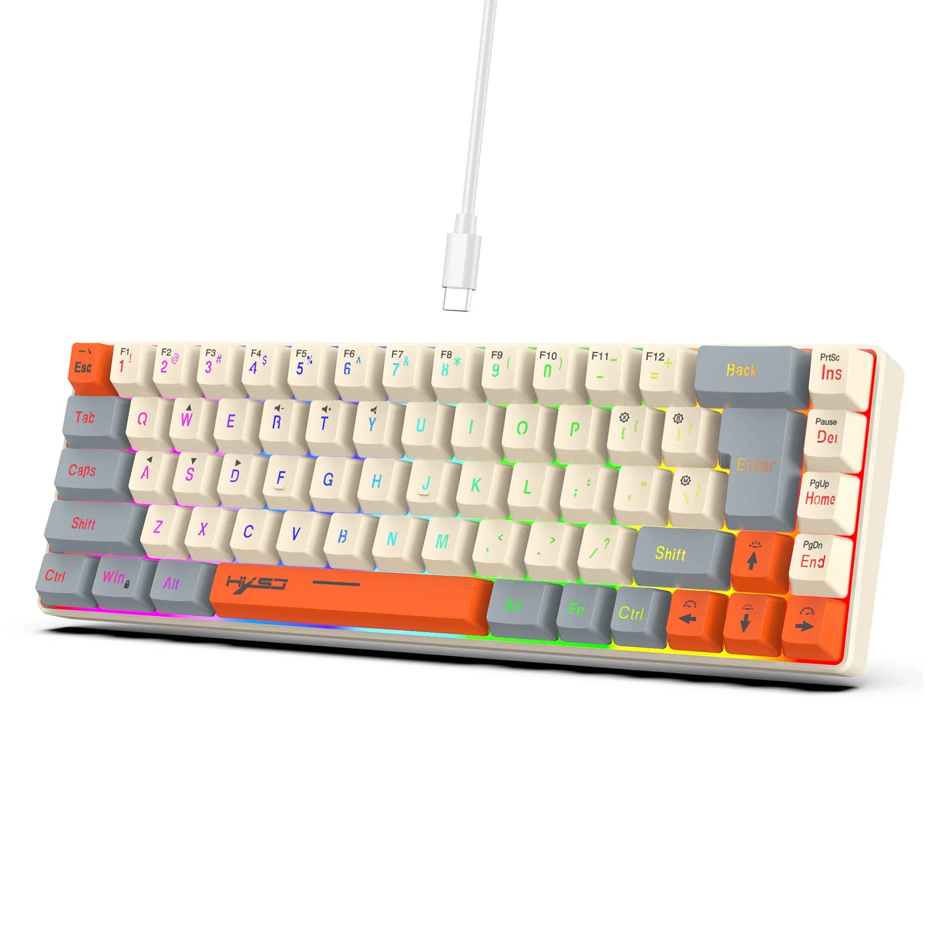 Teclado Gamer Color Game Film Keyboard 65% Key-Line Separation RGB Backlit Multi-Function Wired USB Keyboards Gaming PC Branco