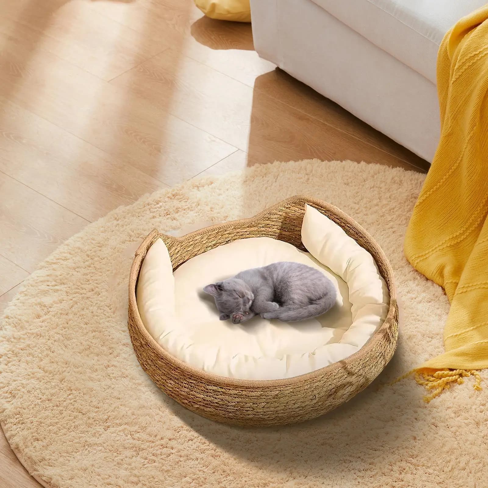 Woven Cotton Rope Round Cat Bed with Pillow