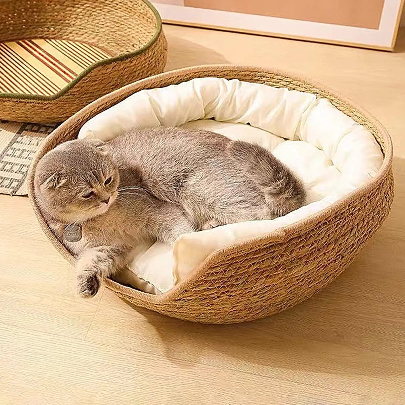 Woven Cotton Rope Round Cat Bed with Pillow