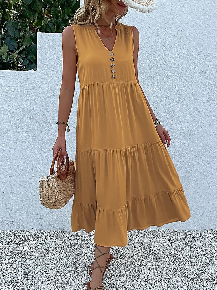 Casual Summer Midi Dress Sleeveless V-Neck
