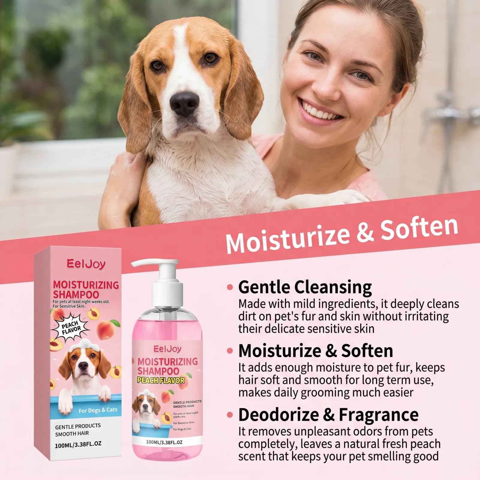 Moisturizing Pet Shampoo Gentle Cleansing Removes Odor Long Lasting Peach Fragrance Reduces Coat Knots Makes Daily Pet Bathing