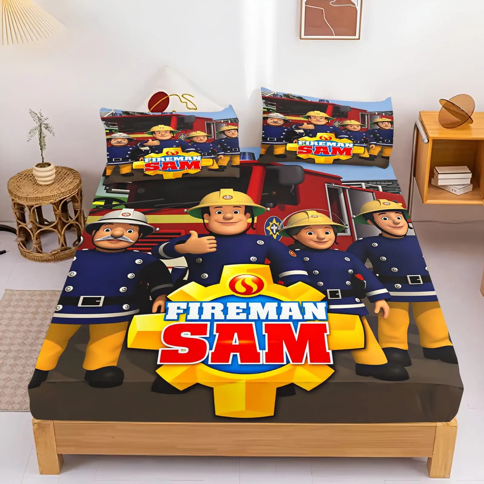 Fireman Sam Bedding Set Fitted Sheet Pillowcase Kids Cartoon Bed Cover Bedroom Decor Bed Sheets Home Textile
