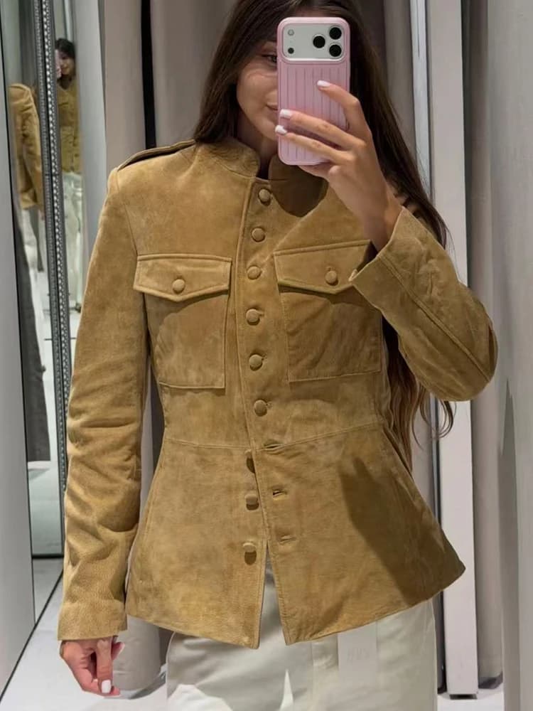 Fashion Jacket For Women 2026 Spring Autumn Classic Vintage Suede Stand Collar Single Breasted Casual Versatile Short Streetwear