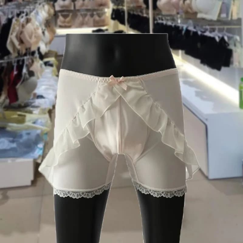 Men's Boxer Briefs Sexy Ruffle Lace Trim Satin Underwear With Bow Decor Soft Breathable Mid Rise Boxers