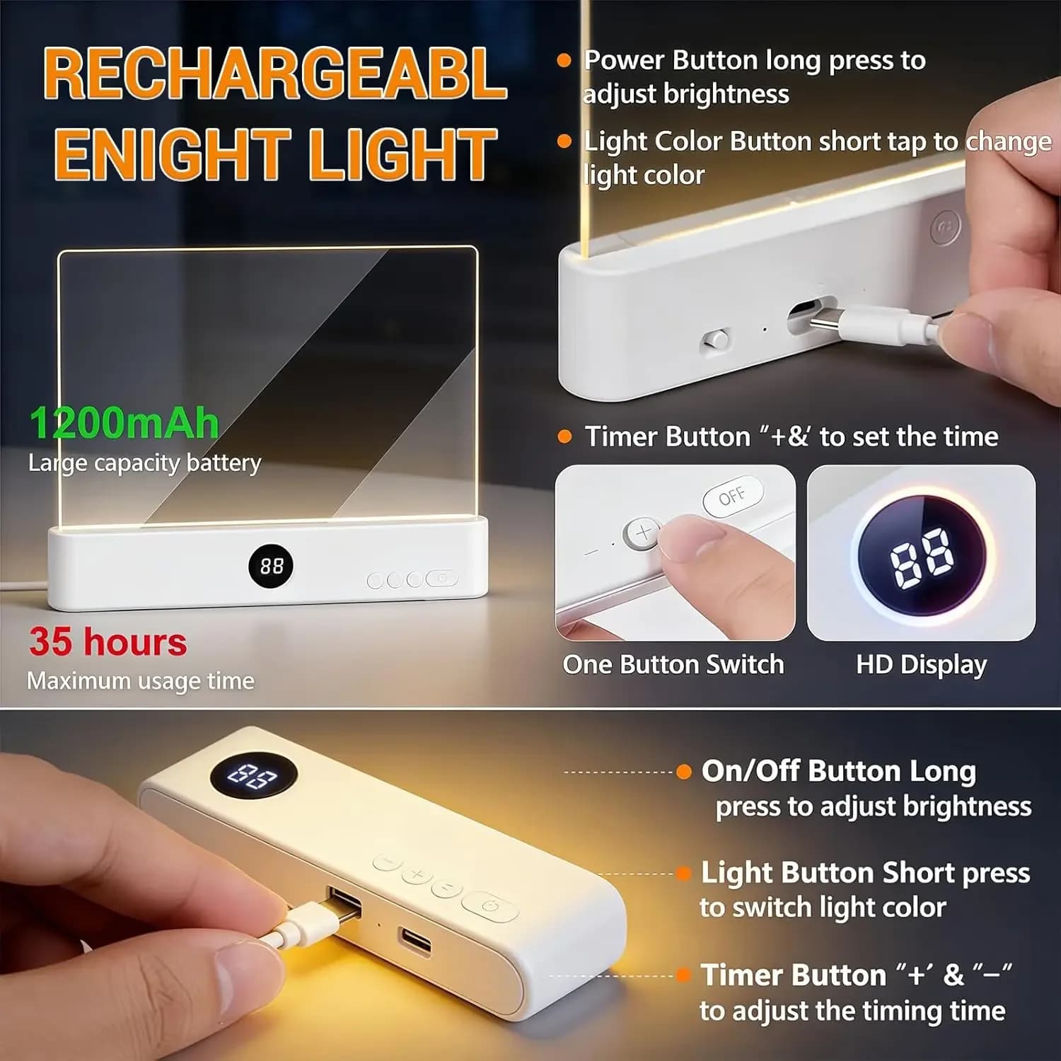 Rechargeable Book Light with Dimmable LED Panel