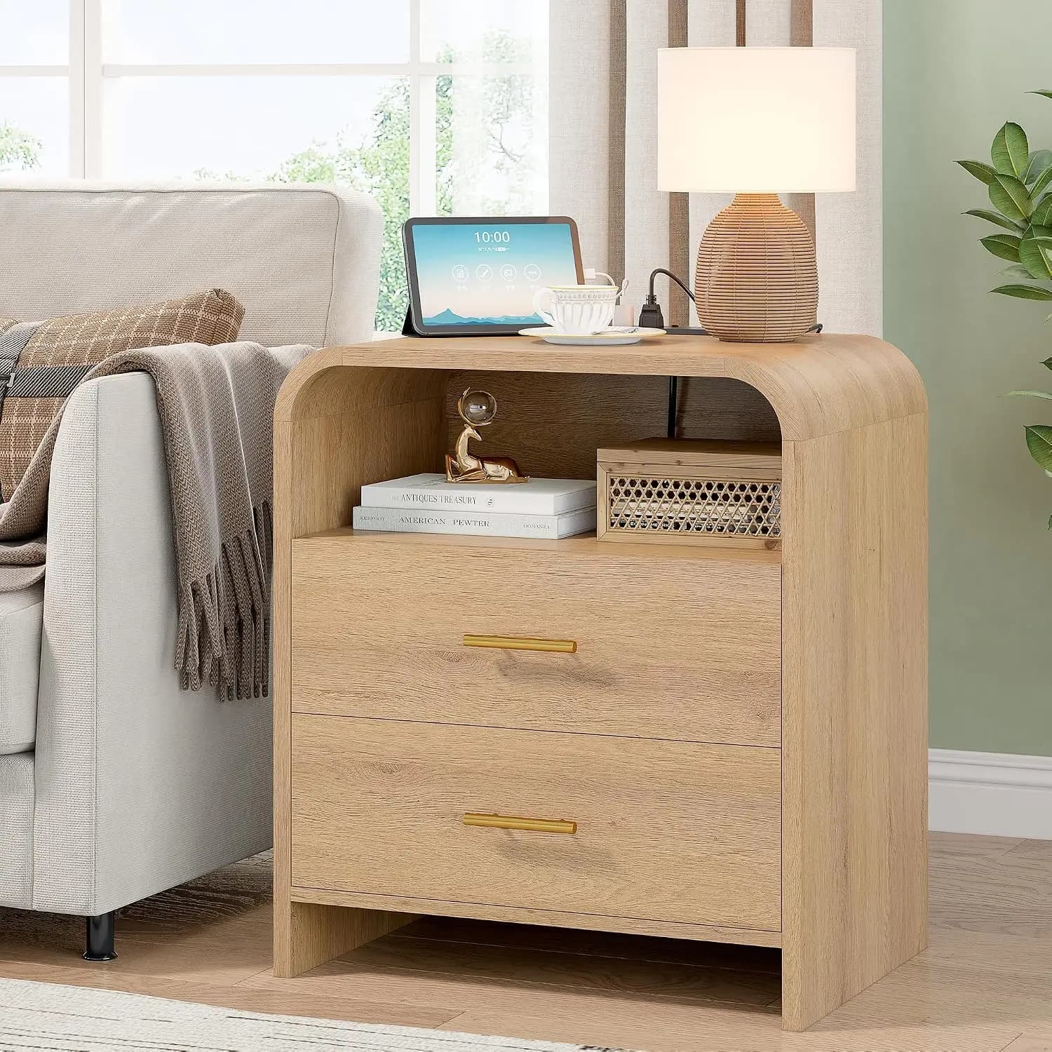 Nightstand w/ Charging Station & 2 Drawers, 25'' Tall Bedside Table, 23.6'' End Table, Curved Profile, Light Oak, Customized
