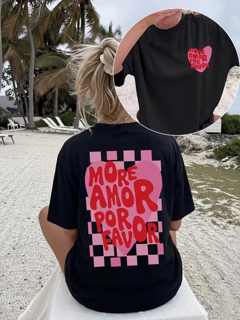 Women's T-shirt  More Amor Por Favor Heart Checkerboard Print Casual Loose T Shirt Streetwear Daily Wear Durable Casual T Shirt