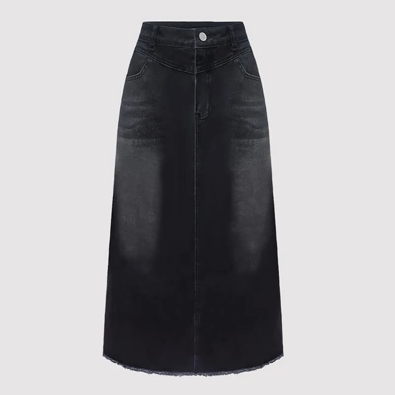 Women's A-Line Denim Skirt with Distressed Splice