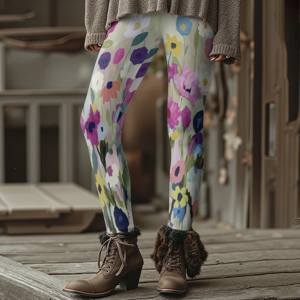 Colorful Blooming Flowers Pattern Women's Leggings Autumn Winter Warm Fashion Tights Stylish Outdoor Look Fashion Streetwear