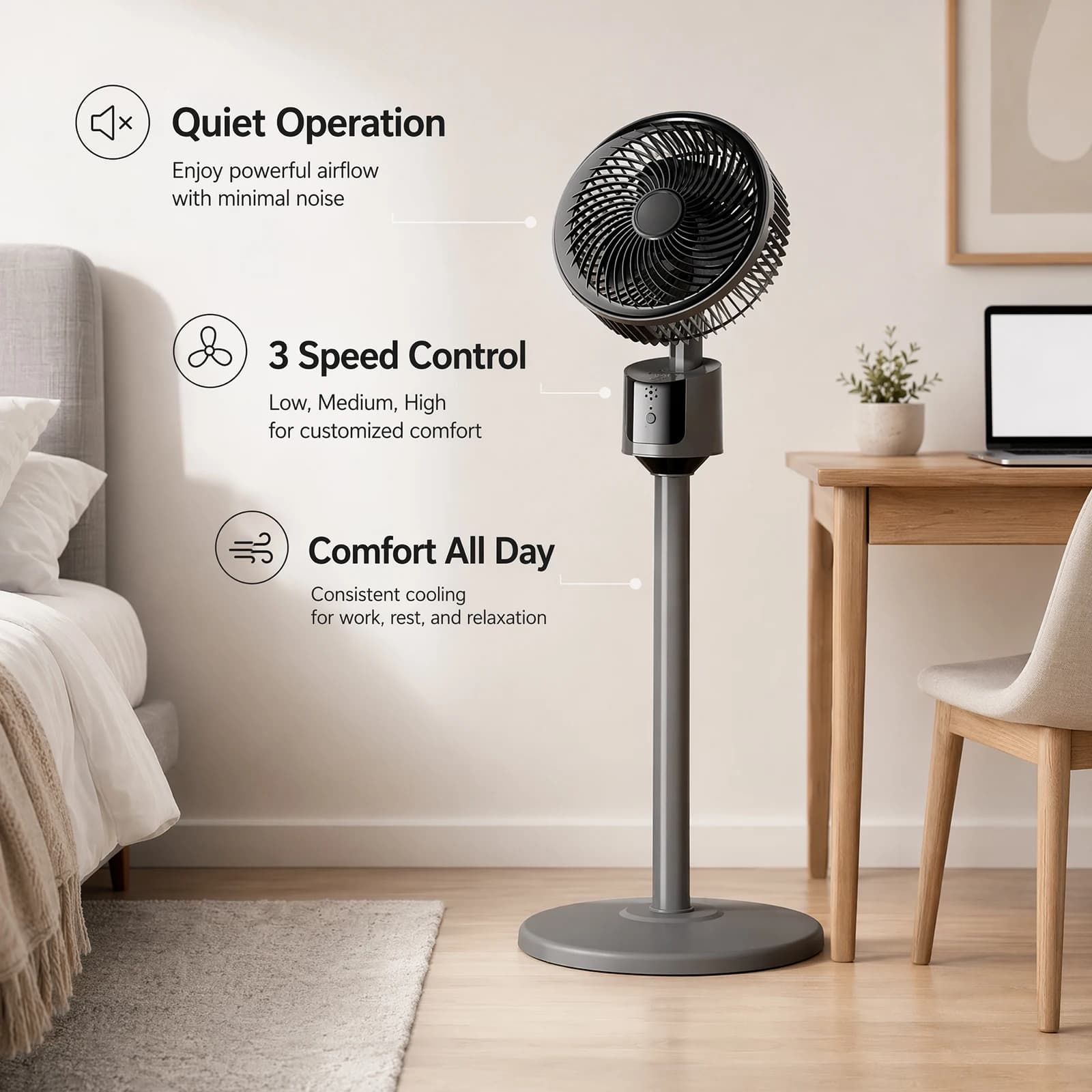 Pedestal Floor Fan USB Direct Plug Quiet 3-Speed