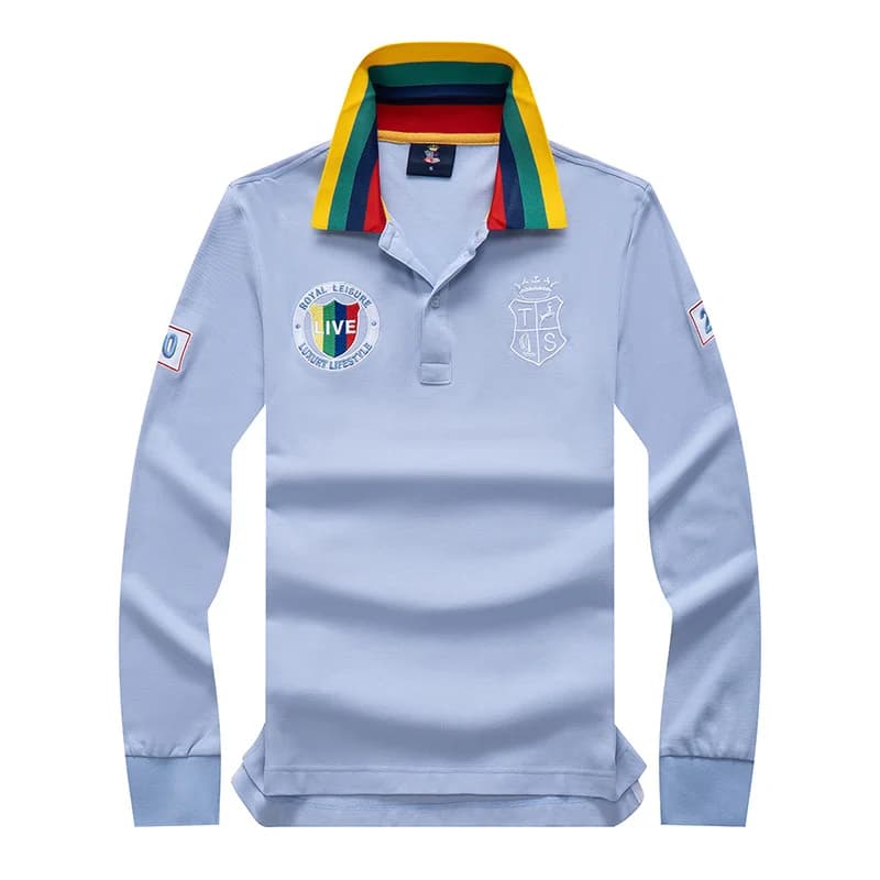Navy Cotton Long Sleeve Polo Shirt with Paris Embroidery