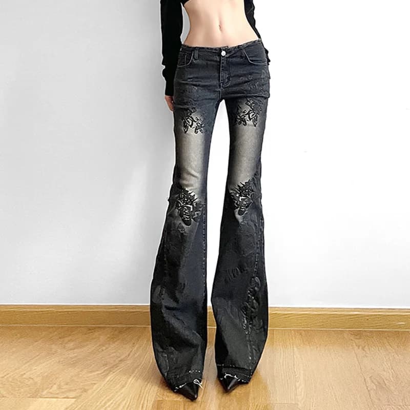 Women's Vintage Plant Print Low-Rise Flare Jeans