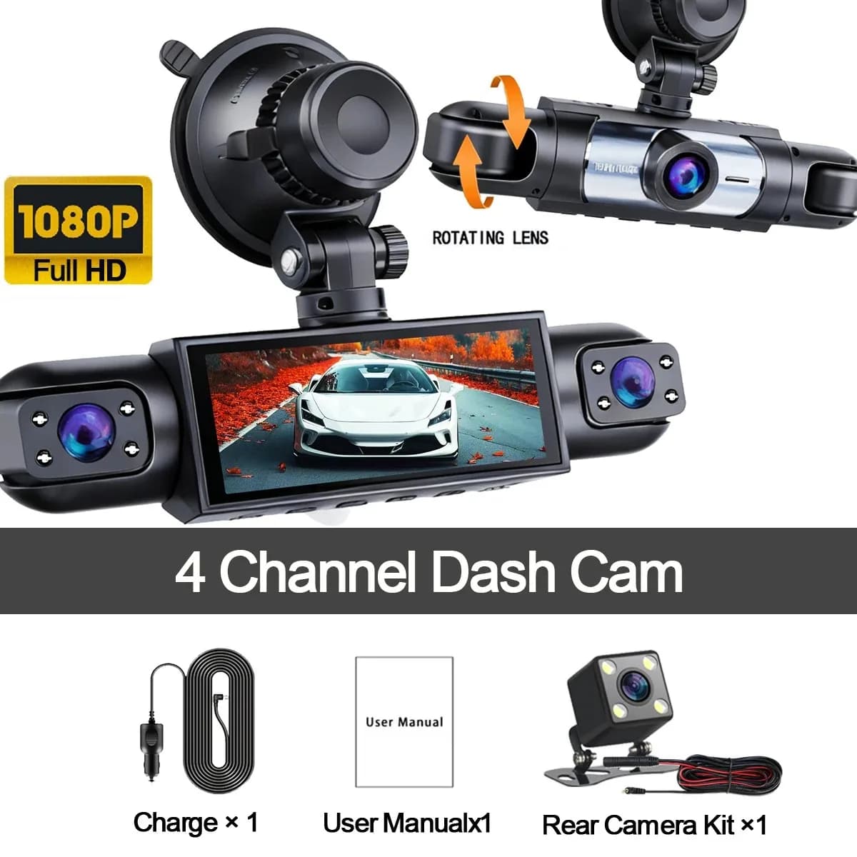 Dash Cam 3.16-inch Car Driving Recorde 360° Rotating with Four Lens 1080P Rear/Left/Right 720P,WiFI Night Vision, Loop Recording