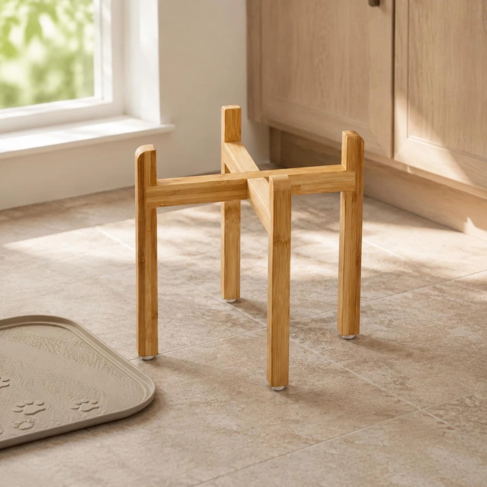 Cross-Brace Wooden Pet Bowl Stand