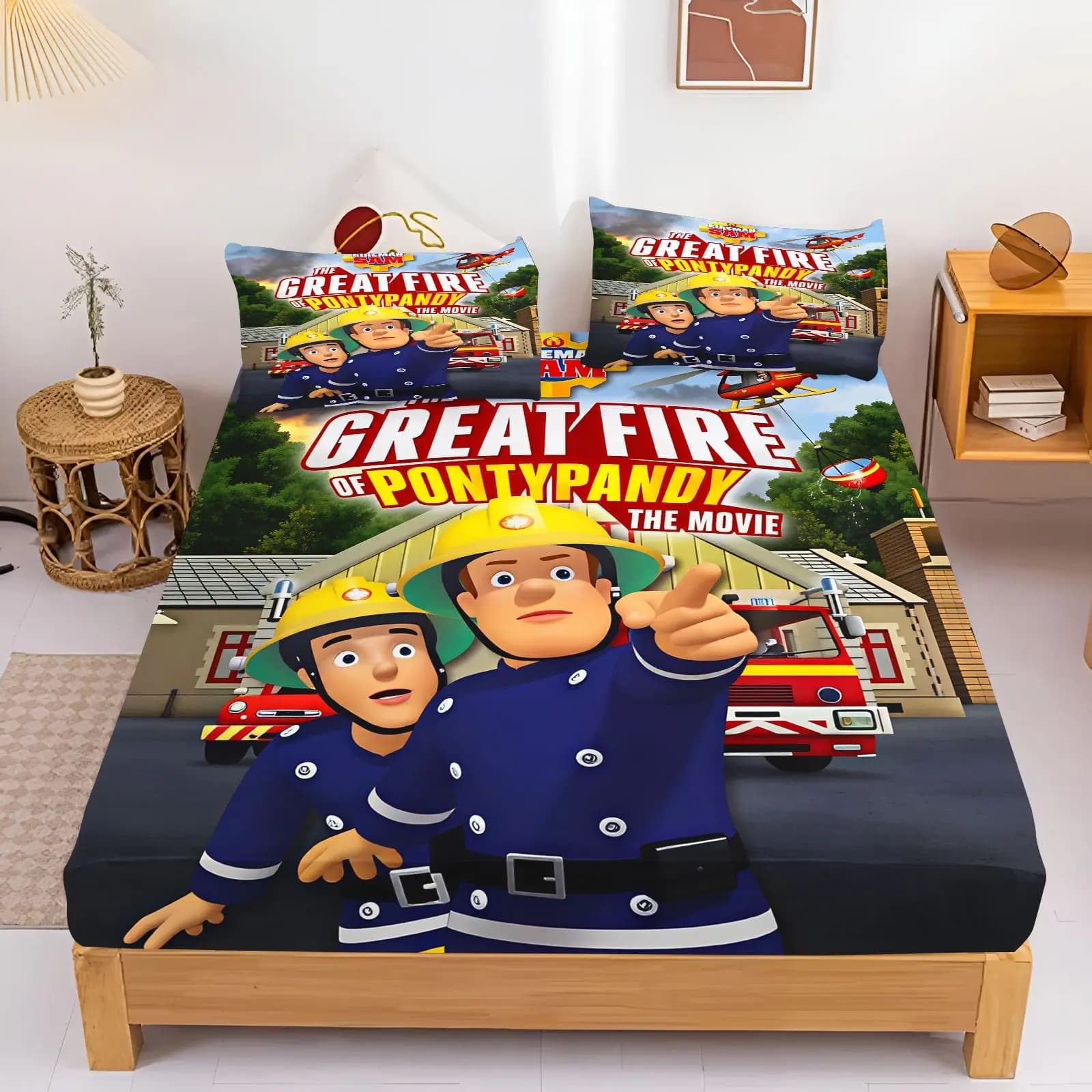 Fireman Sam Bedding Set Fitted Sheet Pillowcase Kids Cartoon Bed Cover Bedroom Decor Bed Sheets Home Textile