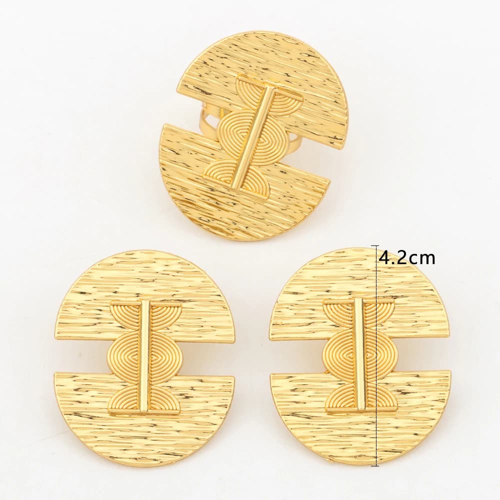 Fashion Jewelry Set Dubai Gold Color Luxury Flower Shape Adjustable Ring Round Earrings For Women Wedding Party Gifts Daily Wear