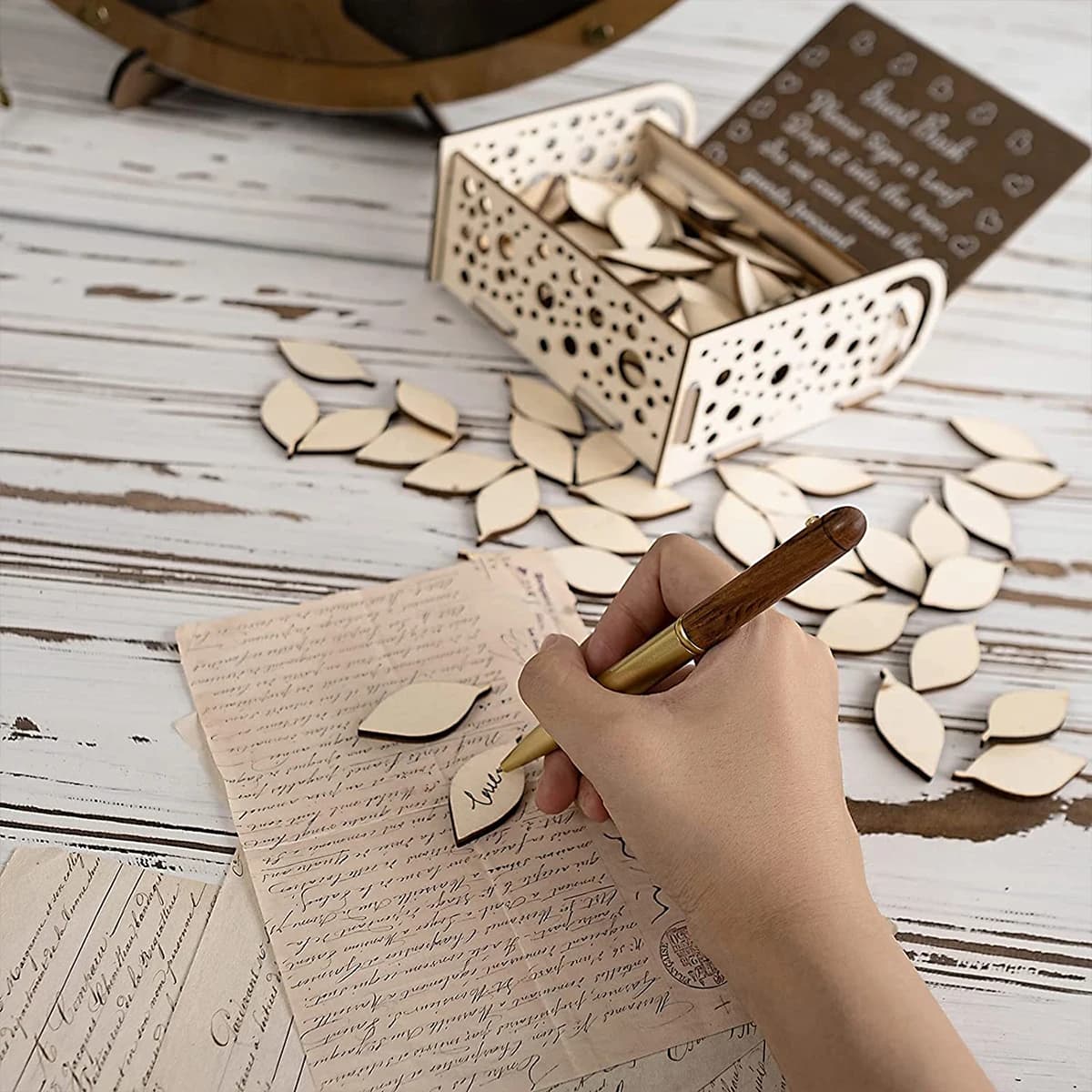 Wooden Round Guest Book Drop Box with Leaves