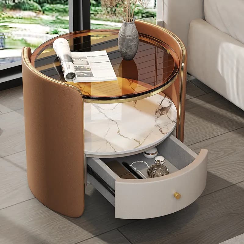 Nightstands Solid Wood Glass Saddle Leather Modern Home Living Room Storage Cabinet Bedroom Drawers Bedside Table Furniture
