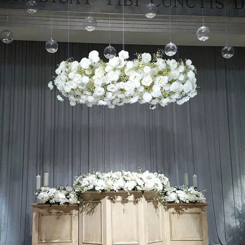 Wedding Backdrop Decor Ceiling Hanging Metal Round Hoop Frame, White Baby Breath, Rose Pompom, Floral Arrangement, Event Flower
