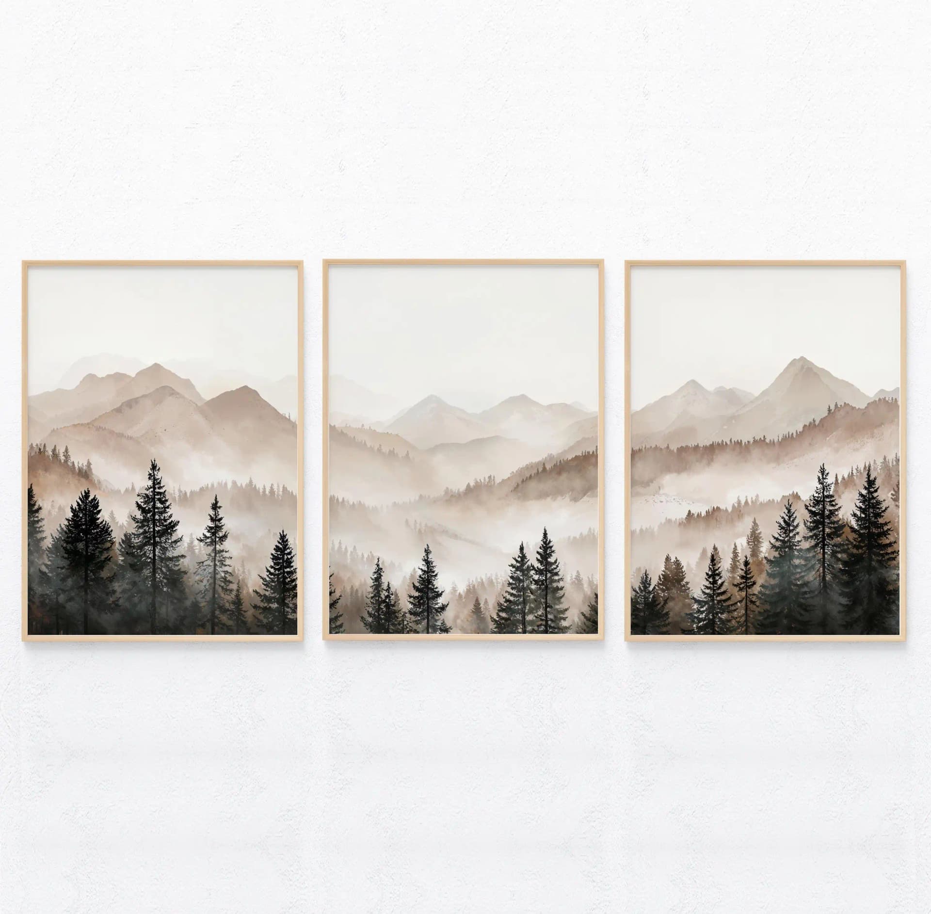 Abstract Foggy Mountains Triptych Print Set