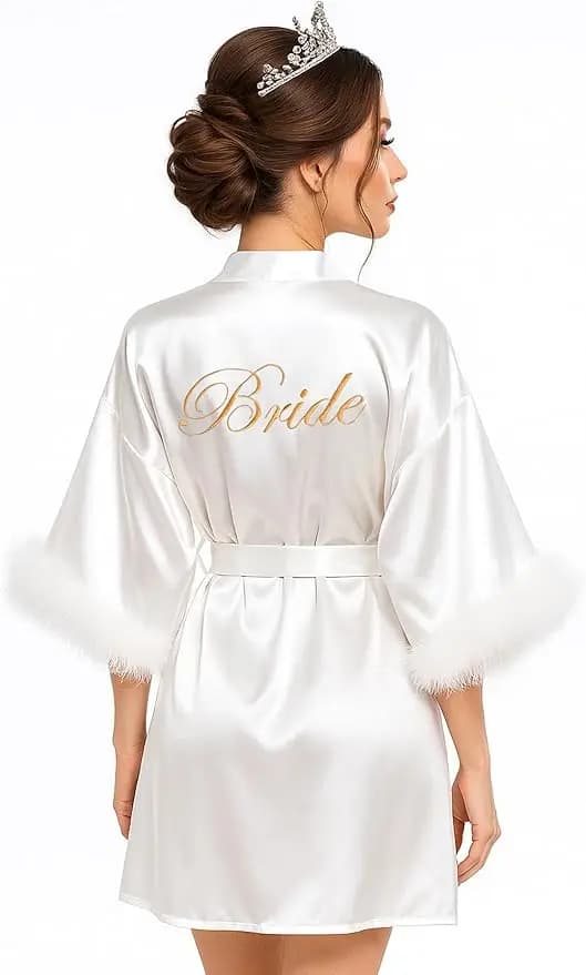 Bride Satin Kimono Robe with Feather Sleeves