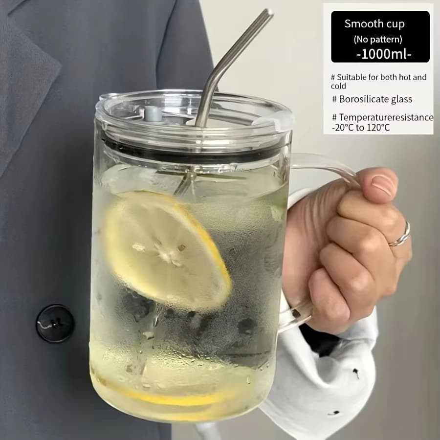 Large Glass Water Cup with Lid and Straw