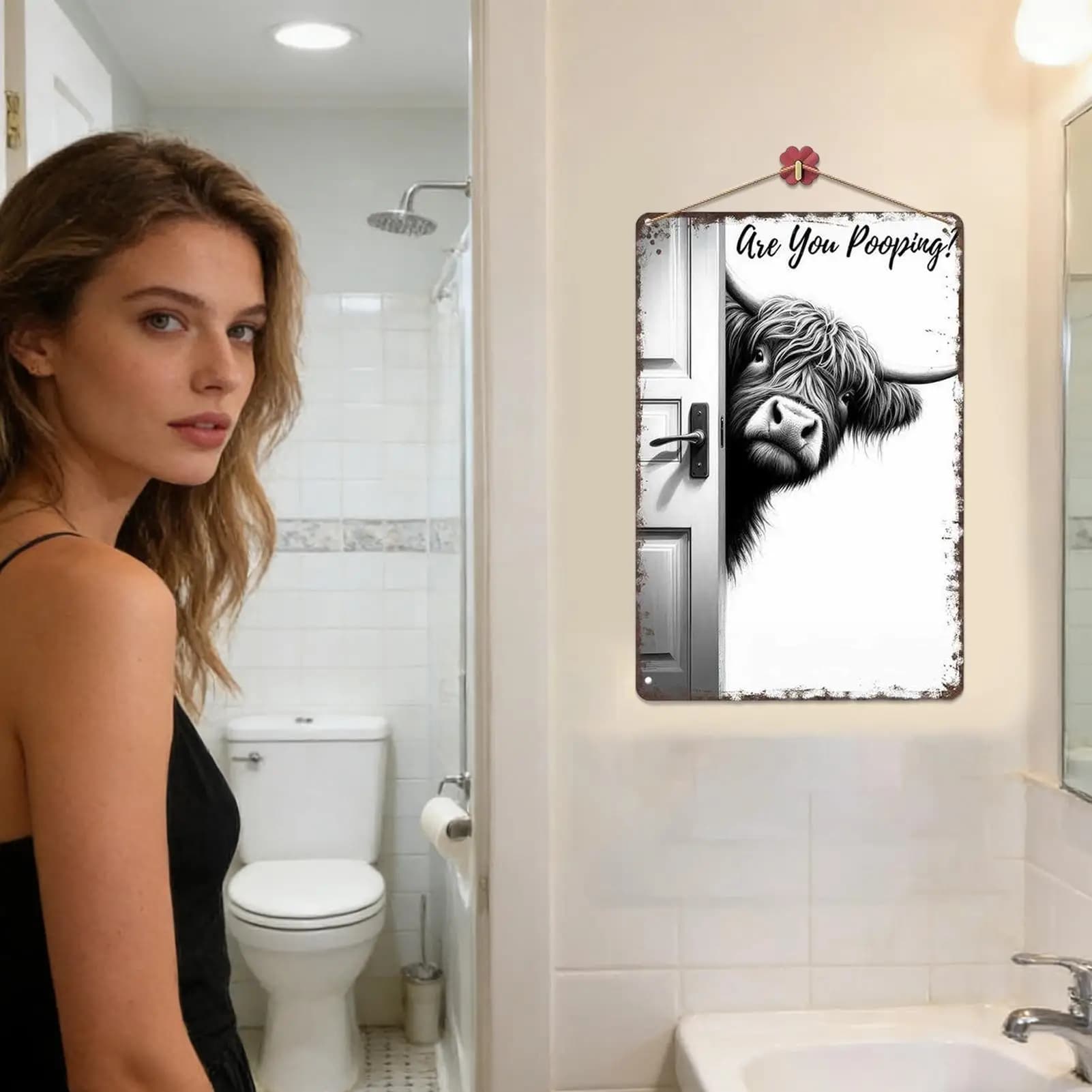 Bathroom Wall Art Decor Farmhouse Modern Funny Sign Bathroom Farm Animal Wall Pictures for Office Apartment Toilet Restroom Door