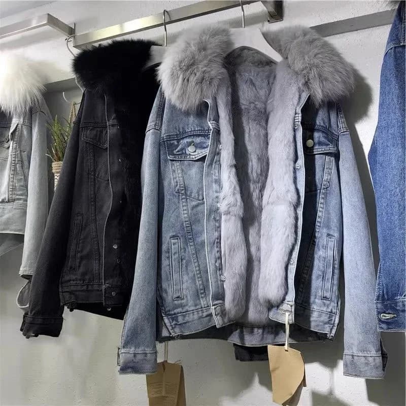 Women's Winter Denim Jacket with Fur Collar