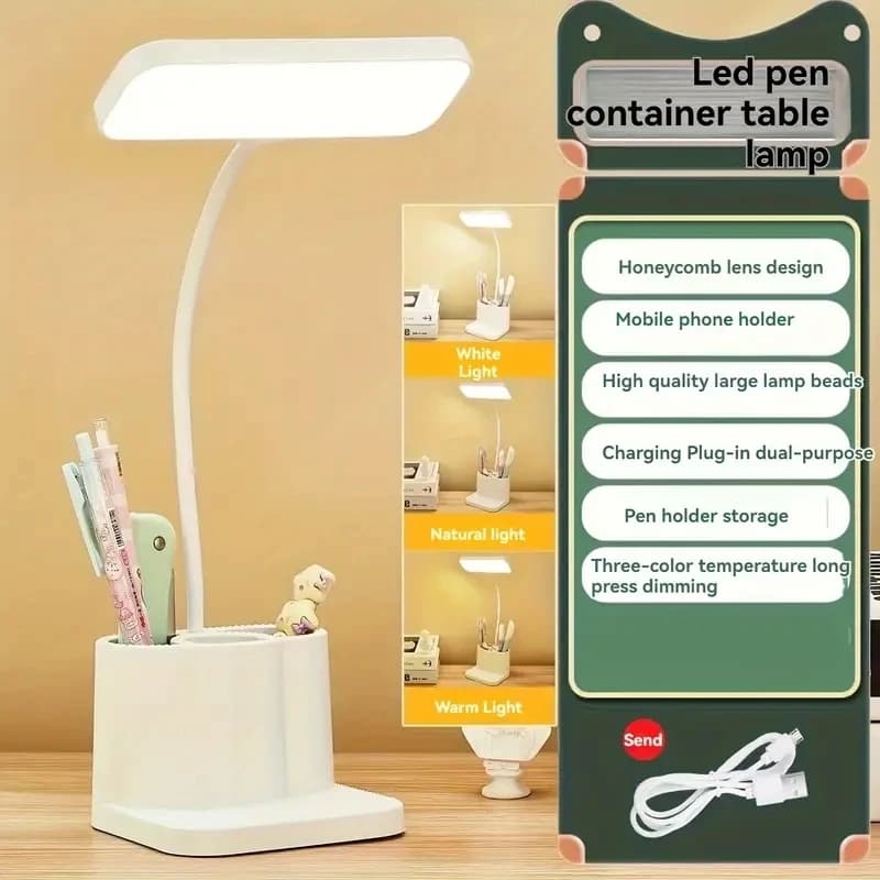 Desk Organizer Lamp, Dimmable Study Light with Pen Holders, Reading Lamp for Students Homework, Dorm Bedroom