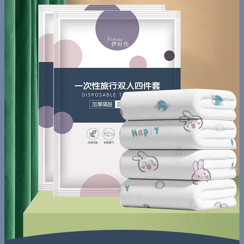 New Disposable Travel Bedding Set 4Piece Double Size Hotel Non Woven Bed Sheet Duvet Cover Pillowcase Portable for Business Trip