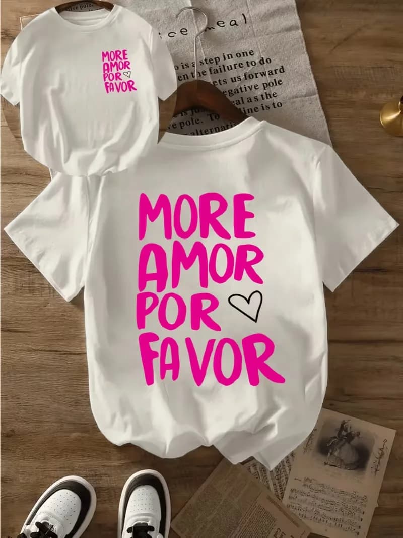 Women's T-shirt  More Amor Por Favor Heart Checkerboard Print Casual Loose T Shirt Streetwear Daily Wear Durable Casual T Shirt