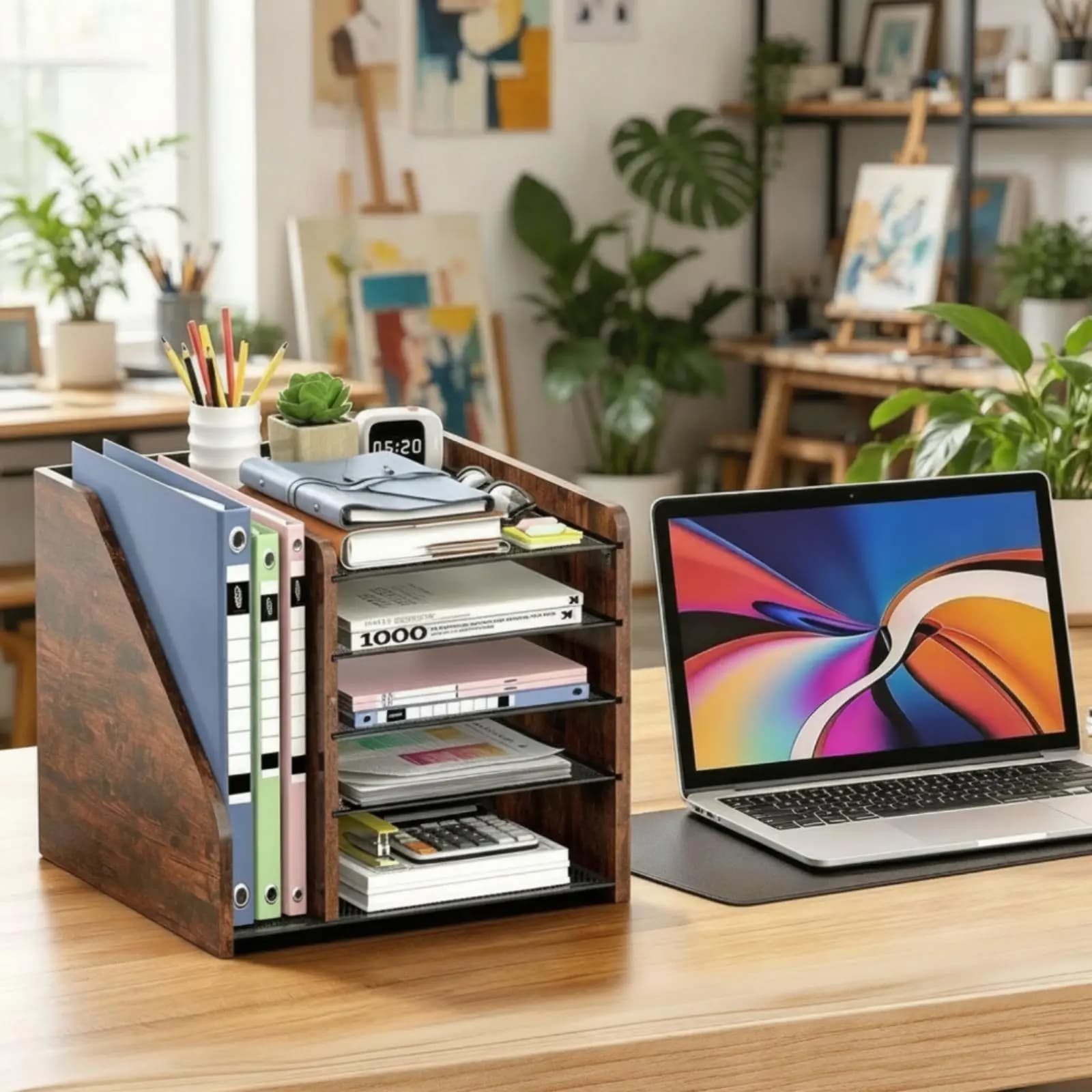 Wooden File Organizer Space Saving Desktop Shelf Organizer Large Desk Organizer for Home Workspace
