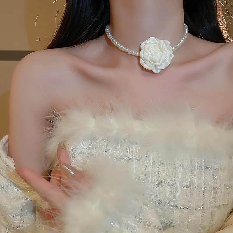 4 Pcs Jewelry Sets for Women Fabric Flowers Necklace Bracelet Earrings French Fashion Retro Style Girl Party Accessories Set