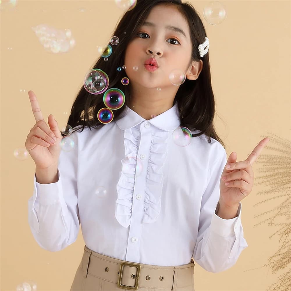 Girls White Long Sleeve School Uniform Cotton Blouse