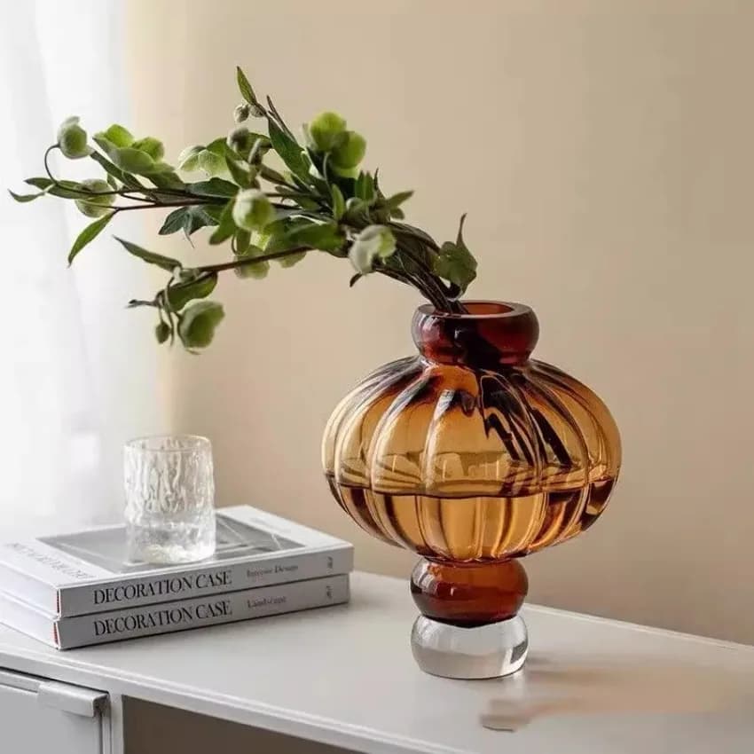 Glass Lantern Vase with Vertical Stripes