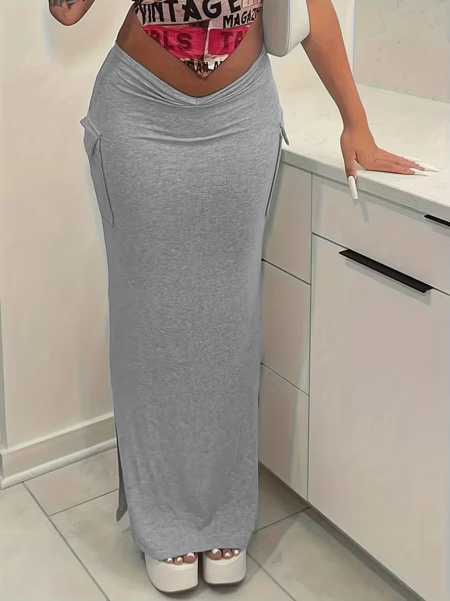 High Waist Knitted Cargo Maxi Skirt