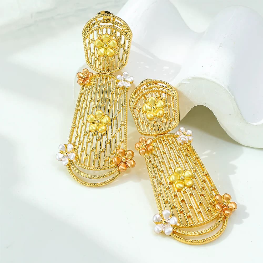 Jewelry Set For Women Tricolor Plating Luxury Design Necklace Earrings Bangle And Ring Full Set Jewelry Wedding Party Gift