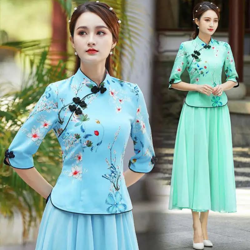 Embroidered Qipao Cheongsam Top with Pants Set