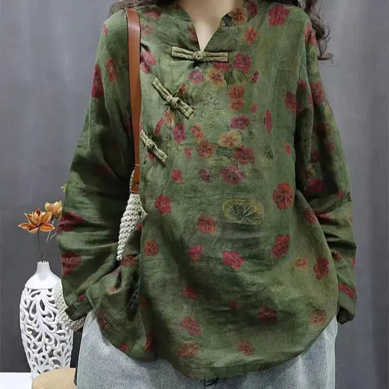 Ethnic Floral Slant Collar Blouse