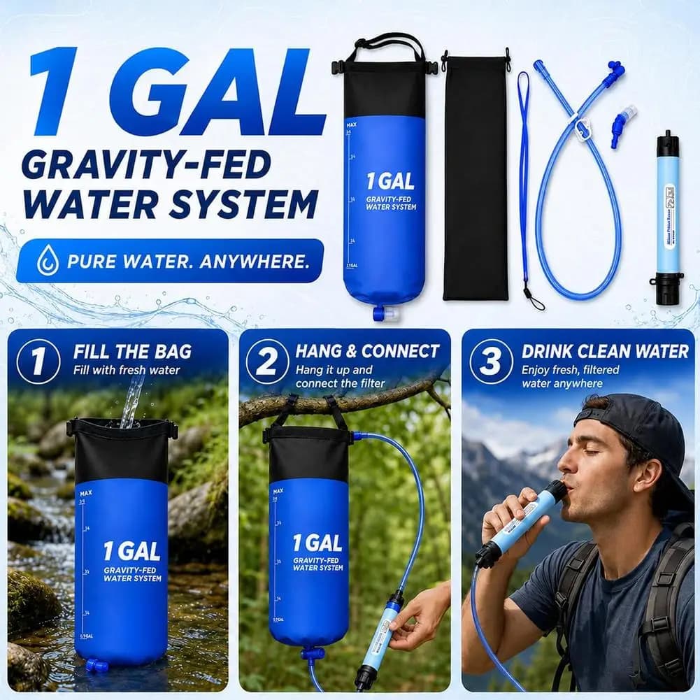 Gravity Water Filter Bag With Straw and Hose