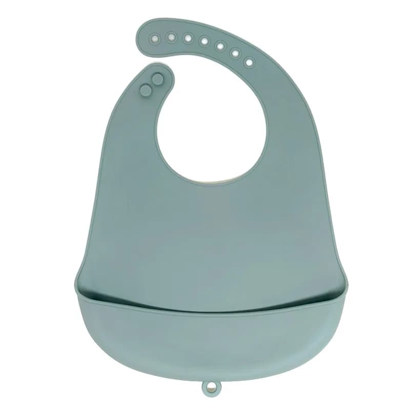 The baby feeding bib is made of silicone and has a water-resistant design. It is suitable for feeding purposes.