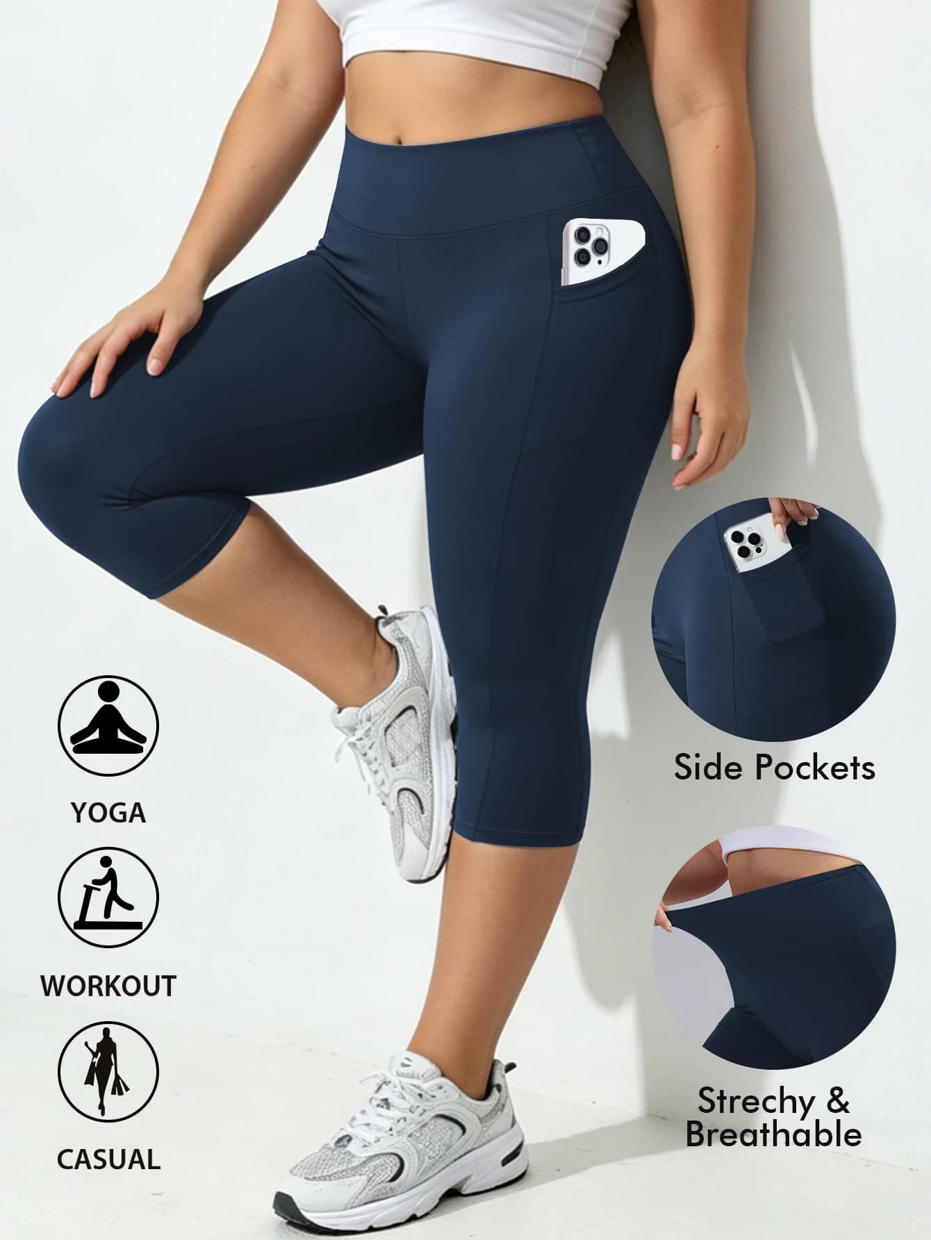 Plus Size Capri Leggings with Pockets and Tummy Control