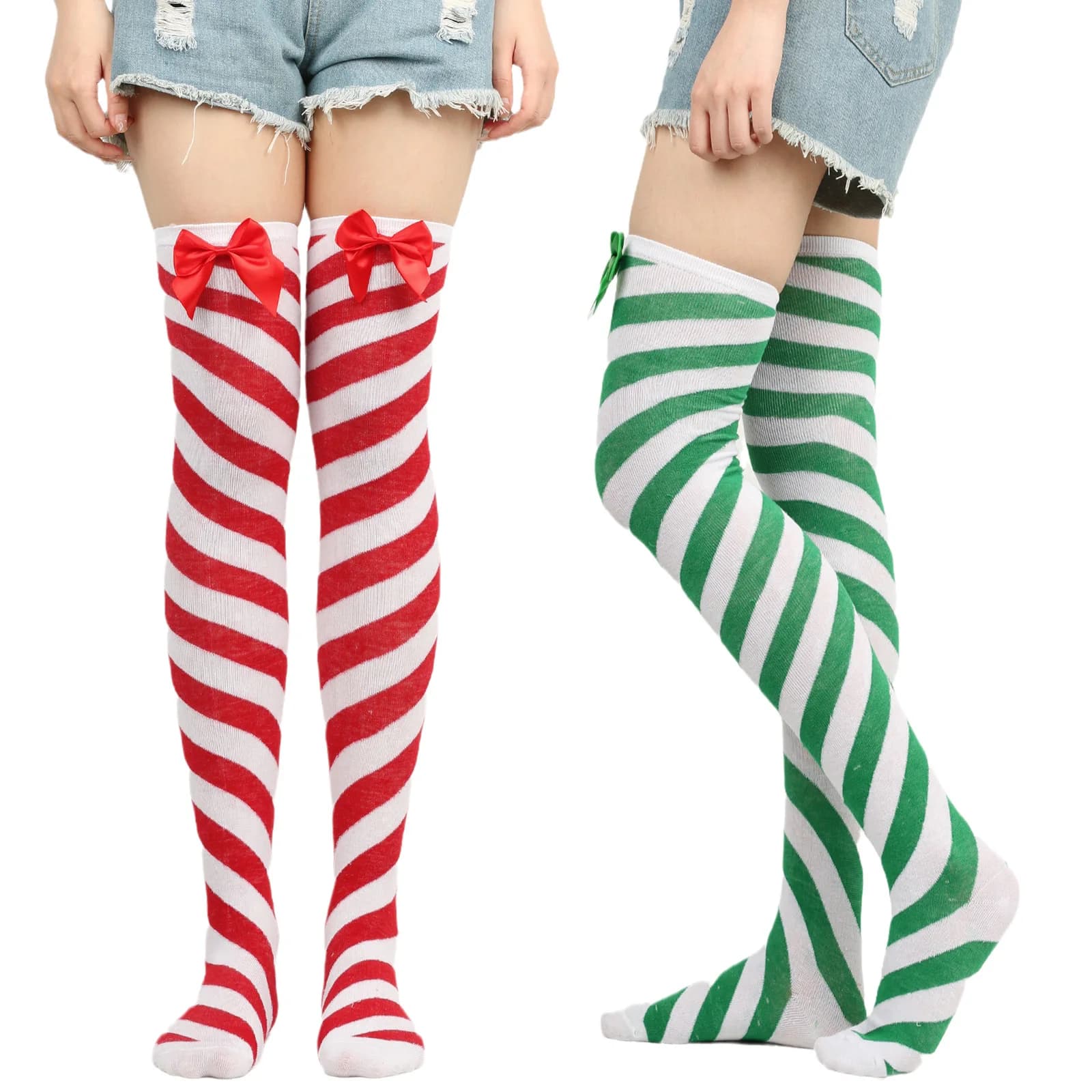 Christmas Striped Knee Socks with Bows