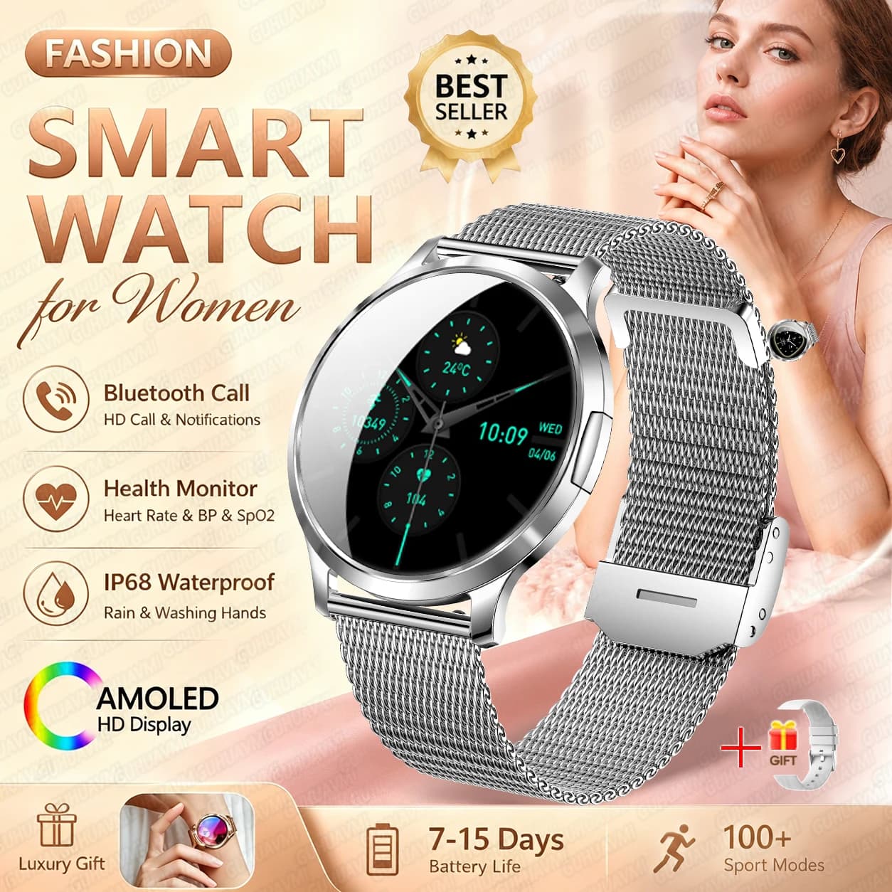 2026New Smart Watch 1.32”AMOLED Ultra-thin Display 100+Sports modes Blood Pressure Waterproof Bluetooth call Bracelet Women Gift